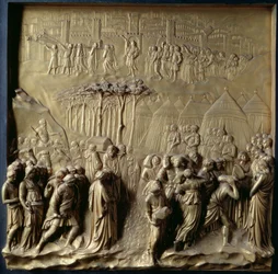 La historia de Josué: Josué instruye a los sacerdotes para que guíen a los israelitas a través del río Jordán y la caída de Jericó, uno de los diez paneles de relieve de las Puertas del Paraíso (puertas este), 1425-52